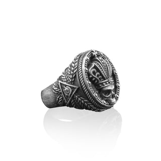 King Skull Eye of Providence on Side Handmade Sterling Silver Men Ring, Skull Gothic Jewelry, Unique Biker Ring, Ring For Men, Memorial Gift