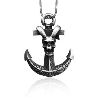 Anchor Men Necklace, Silver Skull Man Pendant, Sterling Silver Biker Jewelry, Seal Gift Accessory, Skull Anchor Men Pendant, Men Silver Gift