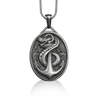 Anchor and snake pendant necklace in silver, Personalized necklace for fisherman, Necklace with custom name option