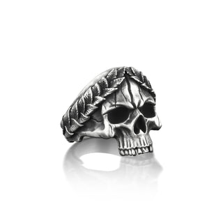 Skull with Leaf Crown Unique Mens Ring, Extraordinary Gothic Ring For Men, Julius Caesar Punk Ring For Best Friend, Silver Biker Ring