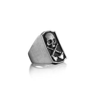 Skull and Axes Handmade Signet Ring for Men, Sterling Silver Skull Biker Ring, Gothic Skull Axes Silver Ring, Bikers Jewelry, Biker Men Gift