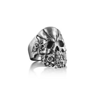 Skull Head Beard Pattern Ring, Handmade Skull Ring, Sterling Silver Signet Ring, Biker Ring for Beard Lovers, Mens Silver Ring, Gothic Ring