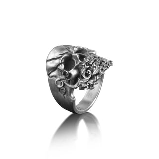 Skull Head Beard Pattern Ring, Handmade Skull Ring, Sterling Silver Signet Ring, Biker Ring for Beard Lovers, Mens Silver Ring, Gothic Ring