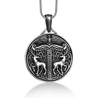 Viking Sterling Silver Coin Necklace, Raven and Antlered Deer in Coin Pendant, Norse Mythology Necklace For Boyfriend, Nordic Jewelry