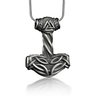 Mjolnir mens pendant necklace in sterling silver, Thors hammer necklace with engraved viking symbol, Norse necklace