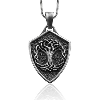 Scandinavian yggdrasil necklace for men in sterling silver, Tree of life silver shield pendant for men, Norse mythology family gift jewelry