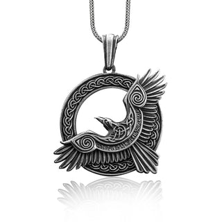 Silver Tiny Trinity Celtic Raven Viking Pagan Men Necklace, Viking Eternity Raven Pendant, Silver Engraved Raven Necklace, Viking Knot Charm