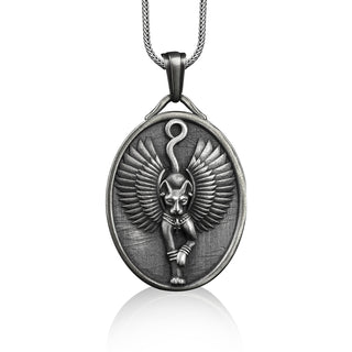 Cat form bastet pendant necklace in silver, Personalized egyptian mythology necklace for girlfriend, Custom name pendant