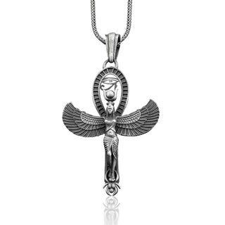 Goddess Isis with Eye of Horus Handmade Sterling Silver Men Necklace, Ancient Egypt Silver Men Jewelry, Mythology Necklace, Memorial Gift