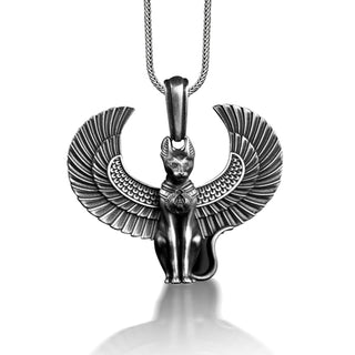 Cat form bastet pendant necklace for men in silver, Ancient egyptian mythology necklace for husband, Handmade necklace