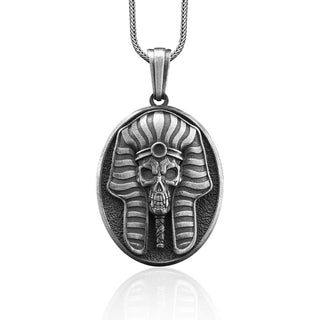 Pharaoh Skull Handmade Sterling Silver Men Charm Necklace, Ancient Egypt Silver Gothic Jewelry, Pharaoh Skull Pendant, Mythology Necklace
