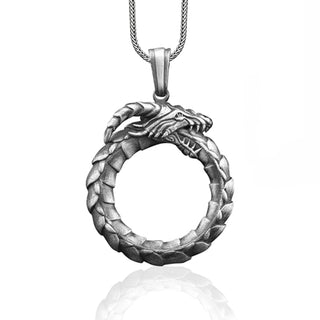 Ouroboros Dragon Handmade Silver Necklace, Quroboros Dragon Silver Men Jewelry, Dragon Sterling Silver Pendant, Mythology Silver Men's Gift