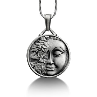 Buddha in nature pendant with custom name, Personalized healing necklace for girlfriend, Unique leaf necklace for spirit