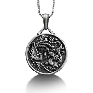 Phoenix and Dragon Engraved Necklace, Sterling Silver Personalized Necklace, Dragon Phoenix Jewelry, Customizable Necklace, Memorial Gift