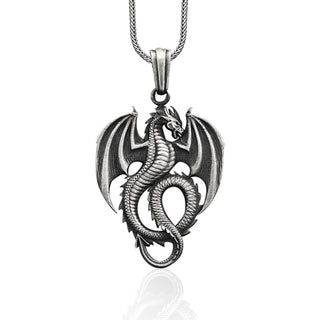 Winged Dragon Silver Man Necklace, Mens Dragon Pendant With Chain, Oxidized Silver Dragon Gift Pendant, Medieval Dragon Silver Men Pendant