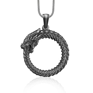 Ouroboros Necklace For Men in Sterling Silver, Dragon Eating Its Own Tail Pendant, Mens Mythical Necklace, Oxidized Dragon Pendant, Men Gift