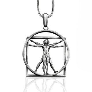 Vitruvian Man Handmade Silver Necklace, Da Vinci Renaissance Art Silver Men Jewelry, Vitruvian Sterling Silver Pendant, Vitruvius Men's Gift