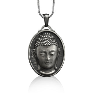 Buddha head oval medal pendant necklace in silver, Personalized religious necklace for buddhist mom, Custom name pendant