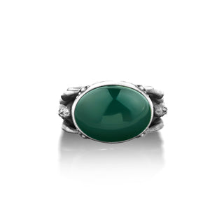 Green agate Poseidon mens ring in sterling silver, Handmade unique ring with green jade, Gift agate ring ancient greek god engraved on side