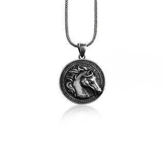 Handmade Sterling Silver Horse Necklace, Greek Gorgon Horse Charm Pendant, Oxidized Horse Mens Necklace, Animal Gift Jewelry, Gift For Men's