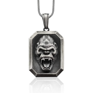 Personalized Gorilla Necklace For Men in Sterling Silver, African Wild Gorilla Men Pendant, Gorilla Head Medallion, Husband Gift Necklace