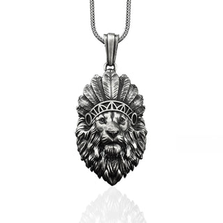 American Indian Lion Necklace for Men in Sterling Silver, Zodiac Leo Mens Charm, African Lion With American Indian Pendant, Husband Gift