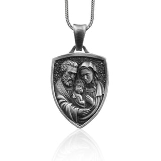 Christian Holy Family Charm Necklace for Men in Silver, Virgin Mary Baby Jesus Saint Joseph Jewelry, Holy Family Pendant, Catholic Men Gift