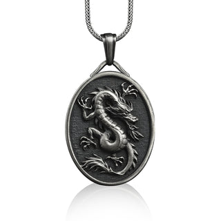 Oval dragon pendant necklace in sterling silver, Personalized fantasy necklace for boyfriend, Unique necklace for dad