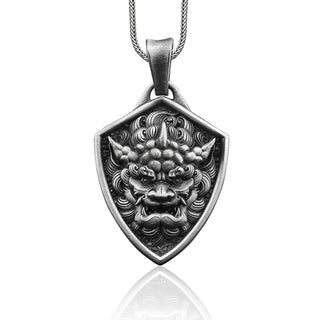 Chinese Guardian Lion Dog Handmade Sterling Silver Men Charm Necklace, Chinese Buddism Men Jewelry, Foo Dog Pendant with Chain, Fu dog Gift