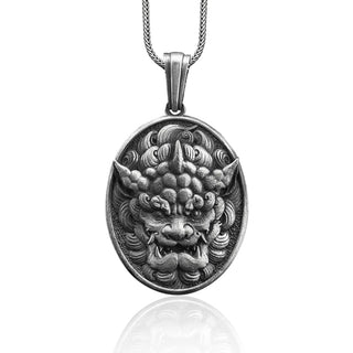 Chinese guardian lion sterling silver necklace for men, Foo dog pendant for good luck, Unique mythology mens jewelry