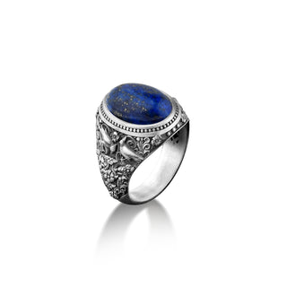 Nature inspired unique men ring with lapis lazuli, 925 sterling silver engraved men ring with blue lapis, Unique vintage ring, Men gifts