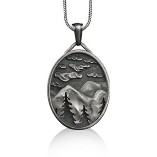 Nature inspired pendant necklace in silver, Personalized mountain and forest necklace, Custom name pendant for daughter