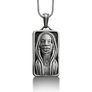 Bob marley pendant necklace in silver, Handmade jamaican personalized necklace for men, Rastafari mens silver necklace