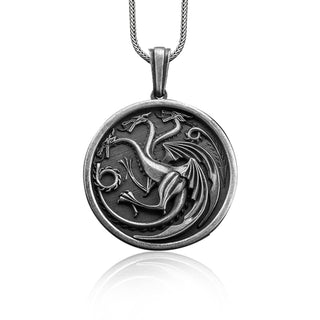 3 Headed Dragon Silver Handmade Necklace, Balerion, Meraxes and Vhagar Silver Pendant, Aegons Dragon Pendant, Targaryans Dragons Necklace