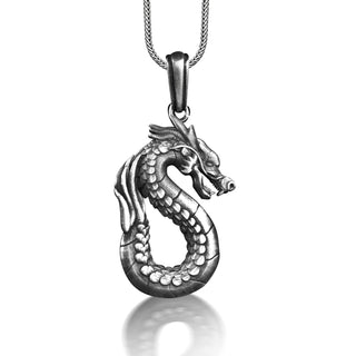 Chinese Dragon 3D Pendant Necklace, Fantasy Necklace For Chinese New Year, Oxidized Chinese Mythology Necklace in Silver, Cool Necklace