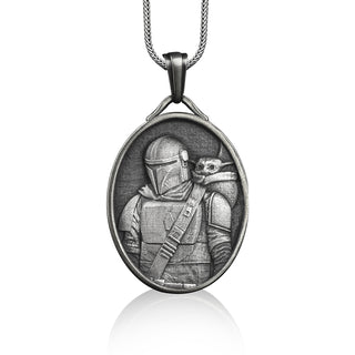 Mandalorian and baby yoda pendant necklace in silver, Personalized star wars necklace for boyfriend, Custom necklace