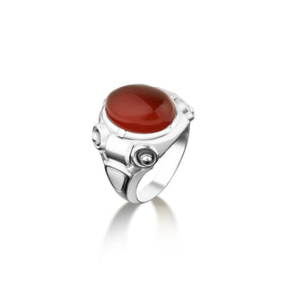 925 sterling silver oval ring with red agate, Unique mens agate cyberpunk ring in sterling silver, Handmade carnelian gemstone ring for mens