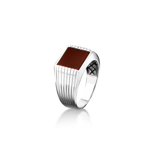 Signet ring for men with square cut red agate on top, Engraved stripes on side flat carnelian gemstone men ring, Promise agate ring for mens