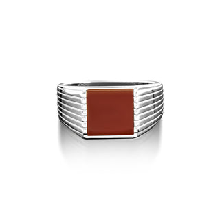 Signet ring for men with square cut red agate on top, Engraved stripes on side flat carnelian gemstone men ring, Promise agate ring for mens