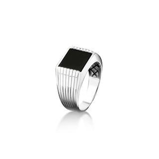 Flat top signet ring with square cut black onyx, Stripes engraved on side flat black gemstone ring, Male promise ring