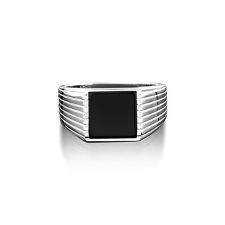 Flat top signet ring with square cut black onyx, Stripes engraved on side flat black gemstone ring, Male promise ring