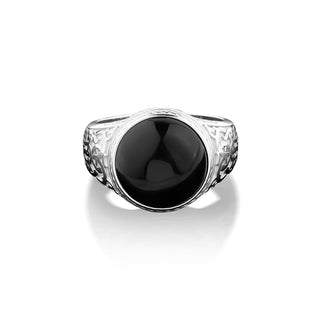 Signet 925 silver vintage ring with black onyx for mens, Black onyx ring with engraved Victorian motif. Large handmade gemstone ring