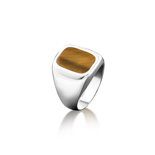 Rectangle cut tigers eye plain ring in 925 sterling silver, Flat tigers eye on top statement ring fashion mens, Tigers eye minimalist ring