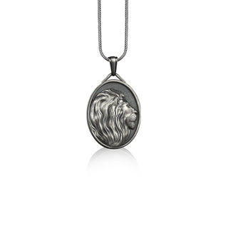 Male lion medallion necklace for boyfriend, Personalized silver lion pendant, Leo zodiac sign necklace for birthday gift