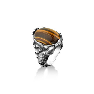 Tigers eye Greek mythology sterling silver men rings, Tigers eye engraved men ring with Poseidon Greek god, Gemstone artistic men gift ring