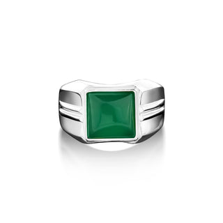 Big green agate men ring in 925 sterling silver, Wide band ring with large green jade stone, Square agate stone ring for dad, Wedding ring