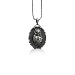 Cool owl pendant necklace in sterling silver, Personalized animal necklace for girlfriend, Oval necklace gift for mom
