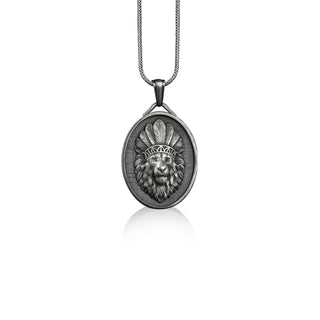 Lion with indian headdress necklace in 925 silver, Native american engraved pendant for men, Personalized leo necklace