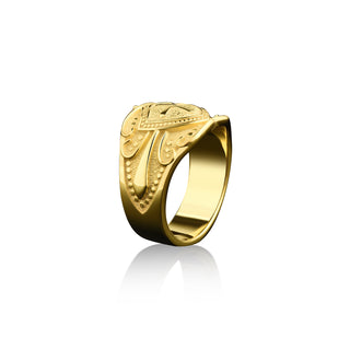 Engraved crusader knight's shield wide band ring in 14k gold, 18k gold mens christian ring for dad, Extraordinary ring