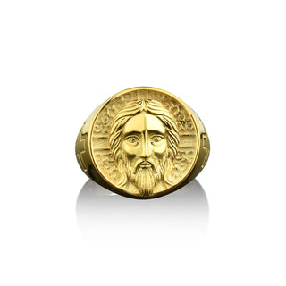 14k gold christian signet ring with engraved jesus head, 18k gold mens religious ring for dad, Extraordinary ring